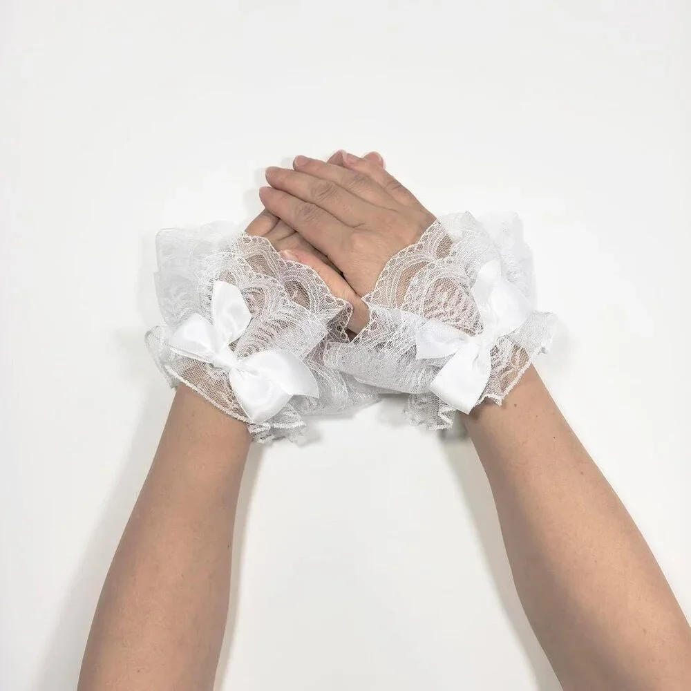 Women's Bow Lace Arm Sleeves White Gloves Style Wedding Halloween Accessories